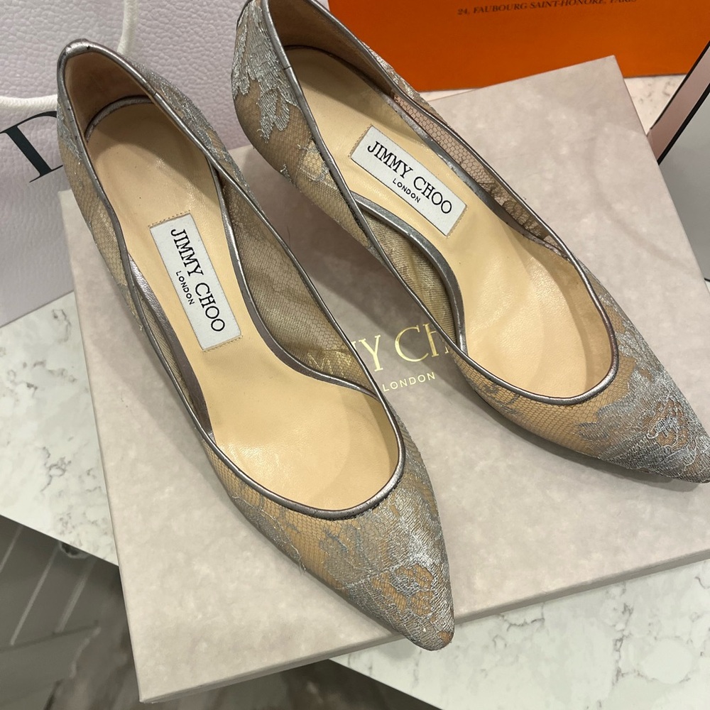Jimmy Choo Silver and Cream Lace Heels